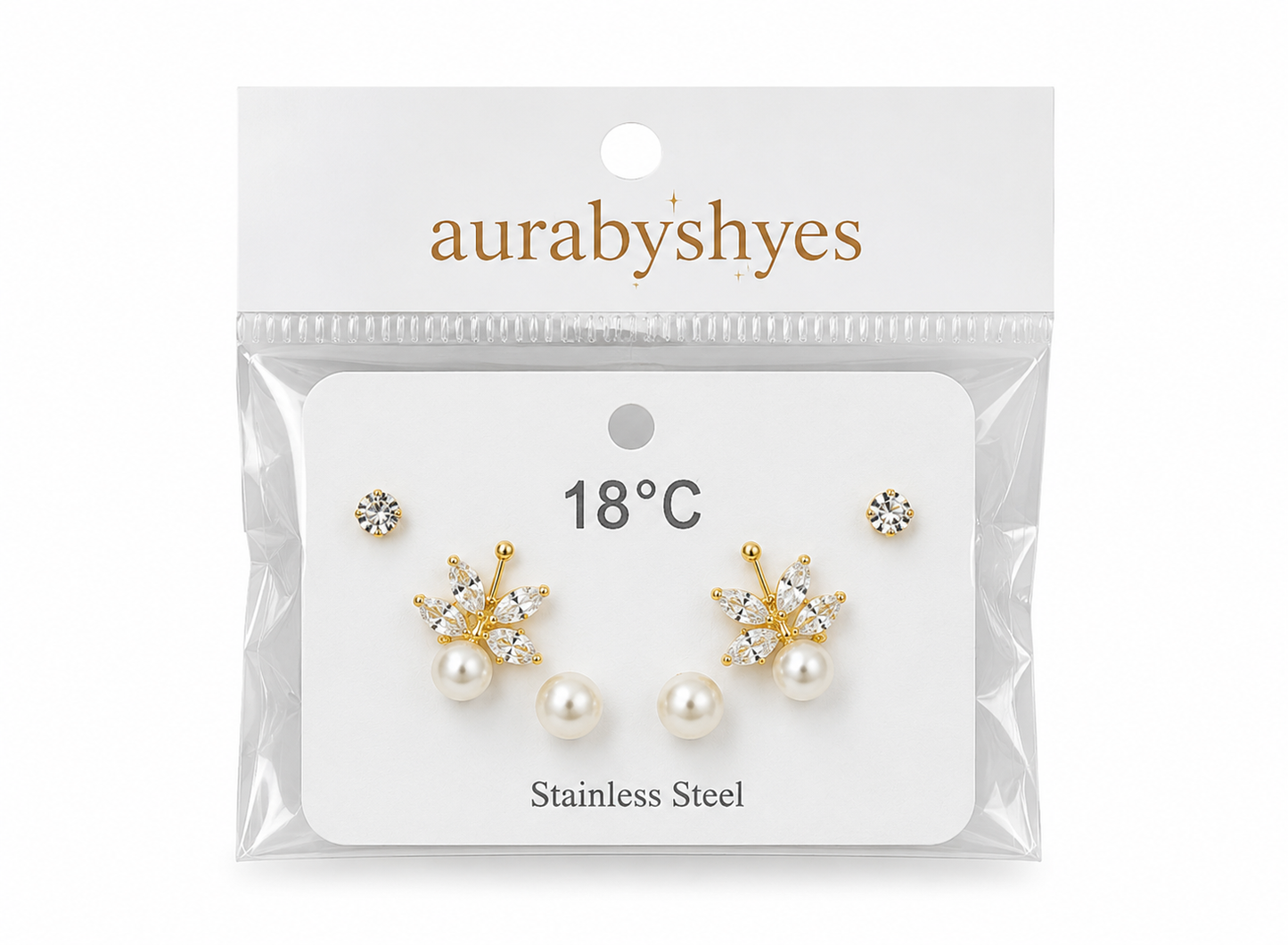 Shop elegant pearl and crystal floral stud earrings by Aurabyshyes. Premium stainless steel, lightweight, stylish, and perfect for everyday wear.
