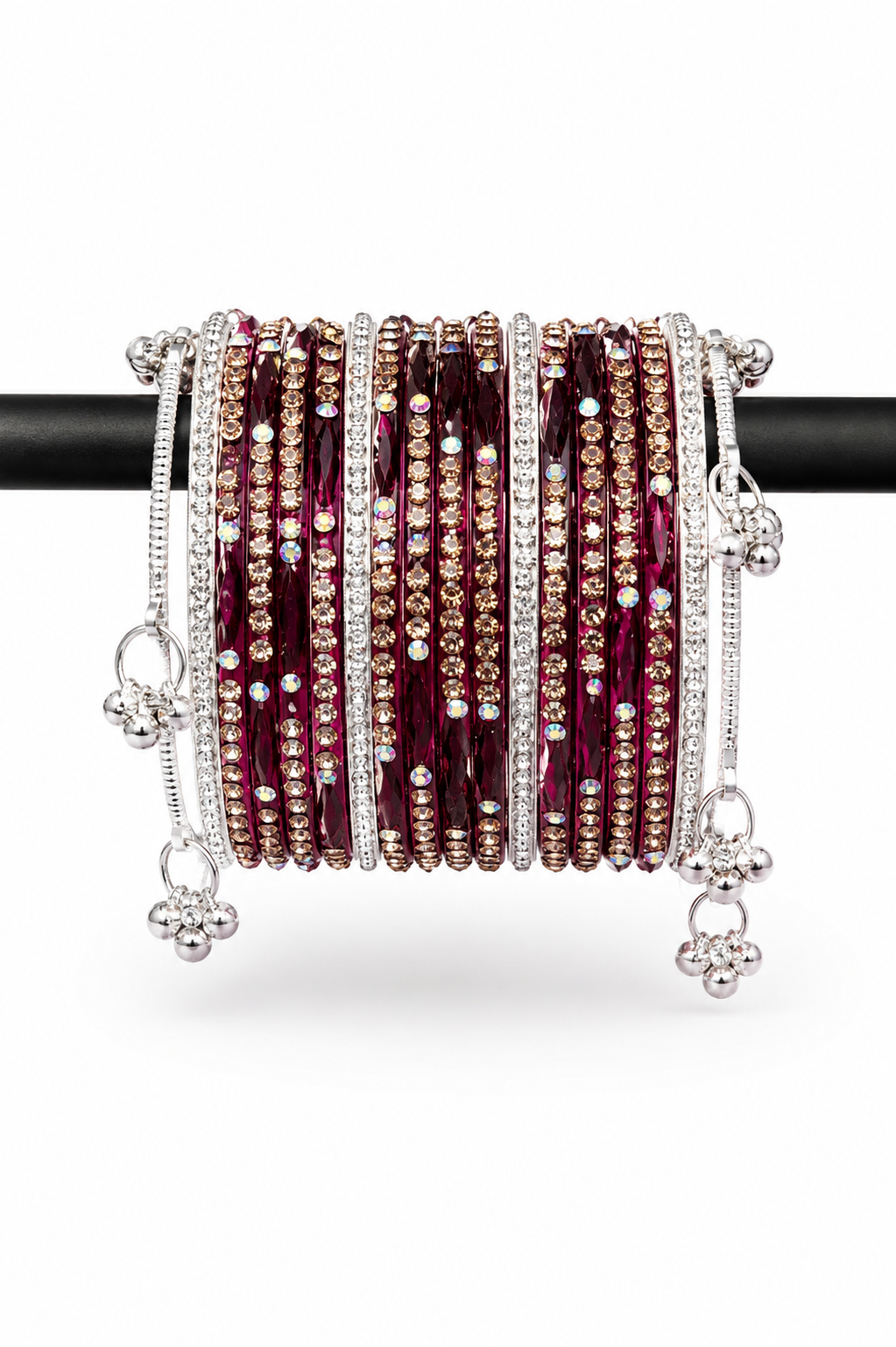 Stone Studded Fashion Bangle Set for Women | Pink, Green & Wine Color Bangles with Ghungroo Charms