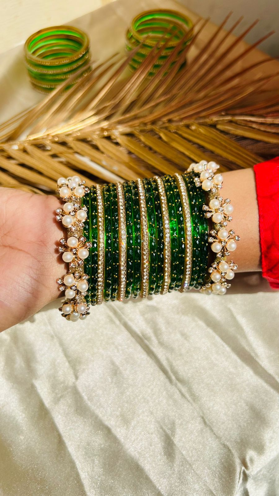 Green Pearl & Stone Decorative Bangle Set for Women | Pack of 19 Ethnic Bangles