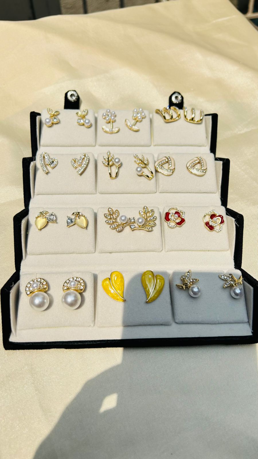 12 Pairs Premium Korean Style Stud Earrings Set with Storage Box for Women & Girls | Pearl, Floral, Heart & Leaf Designs | Gold-Plated Fashion Jewelry Combo