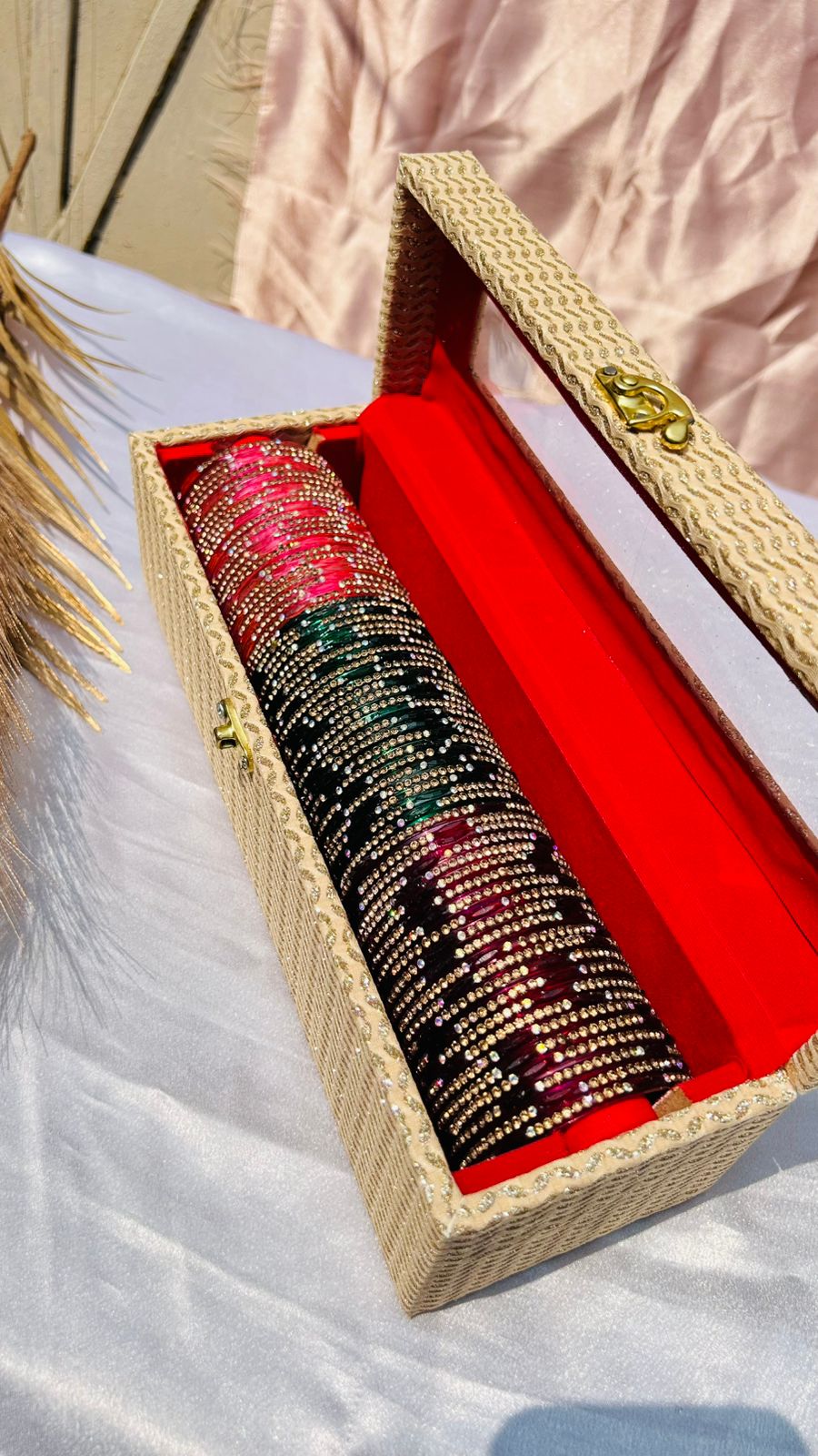 Stone Studded Fashion Bangle Set with Storage Box | Pink, Green & Wine Color Bangles for Women