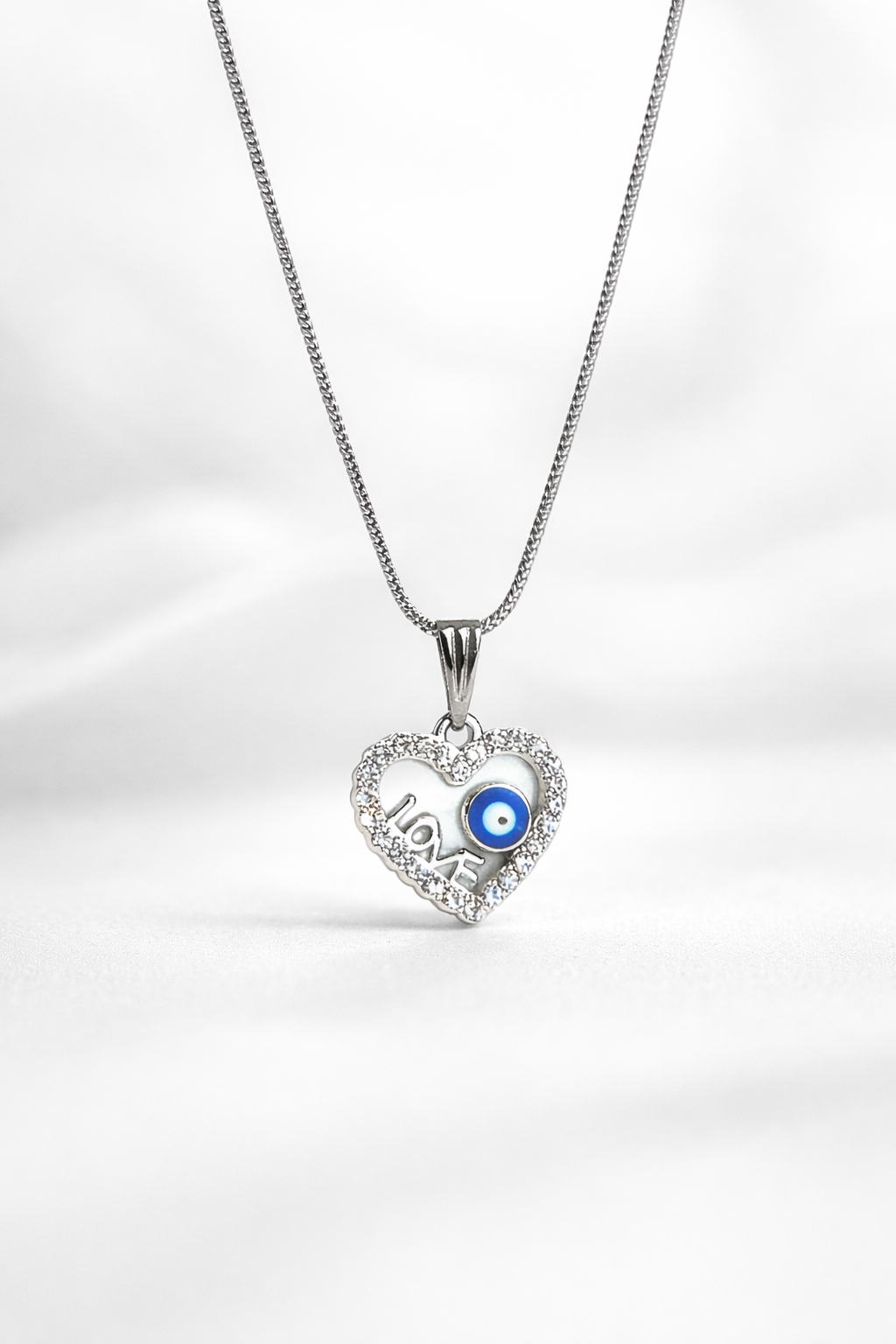 Silver Love Heart Evil Eye Pendant Necklace for Women
