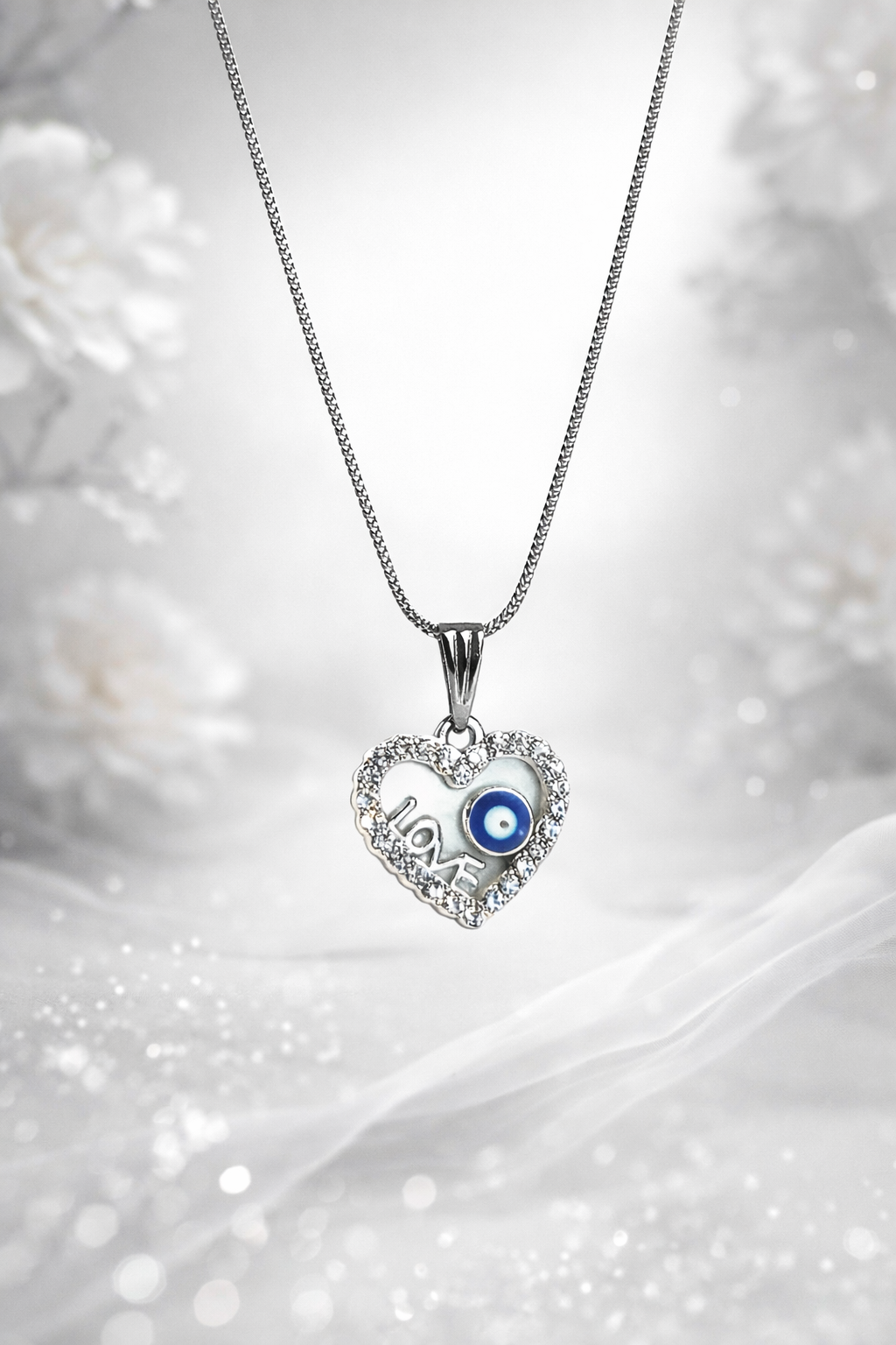 Silver Love Heart Evil Eye Pendant Necklace for Women