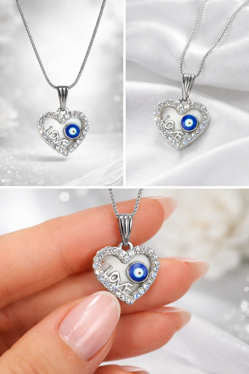 Silver Love Heart Evil Eye Pendant Necklace for Women