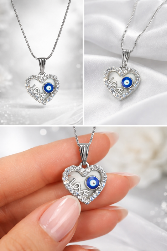Silver Love Heart Evil Eye Pendant Necklace for Women
