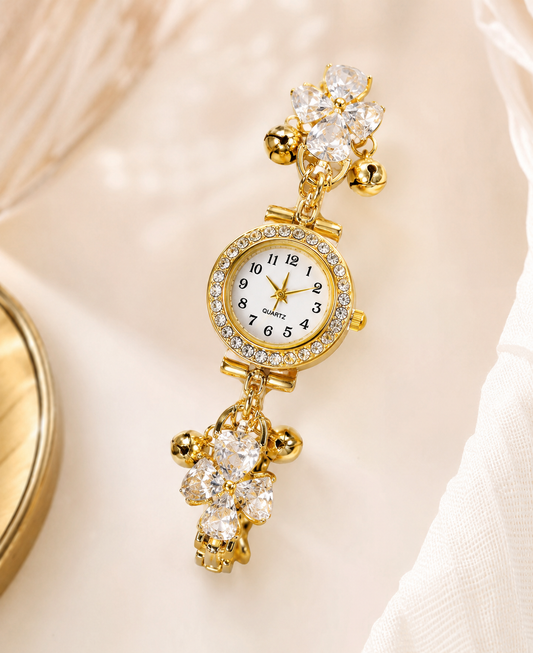 Kashmiri Golden Crystal Bracelet Watch for Women | Elegant Quartz Wrist Watch with Decorative Charms