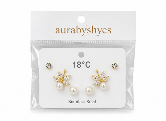 Shop elegant pearl and crystal floral stud earrings by Aurabyshyes. Premium stainless steel, lightweight, stylish, and perfect for everyday wear.