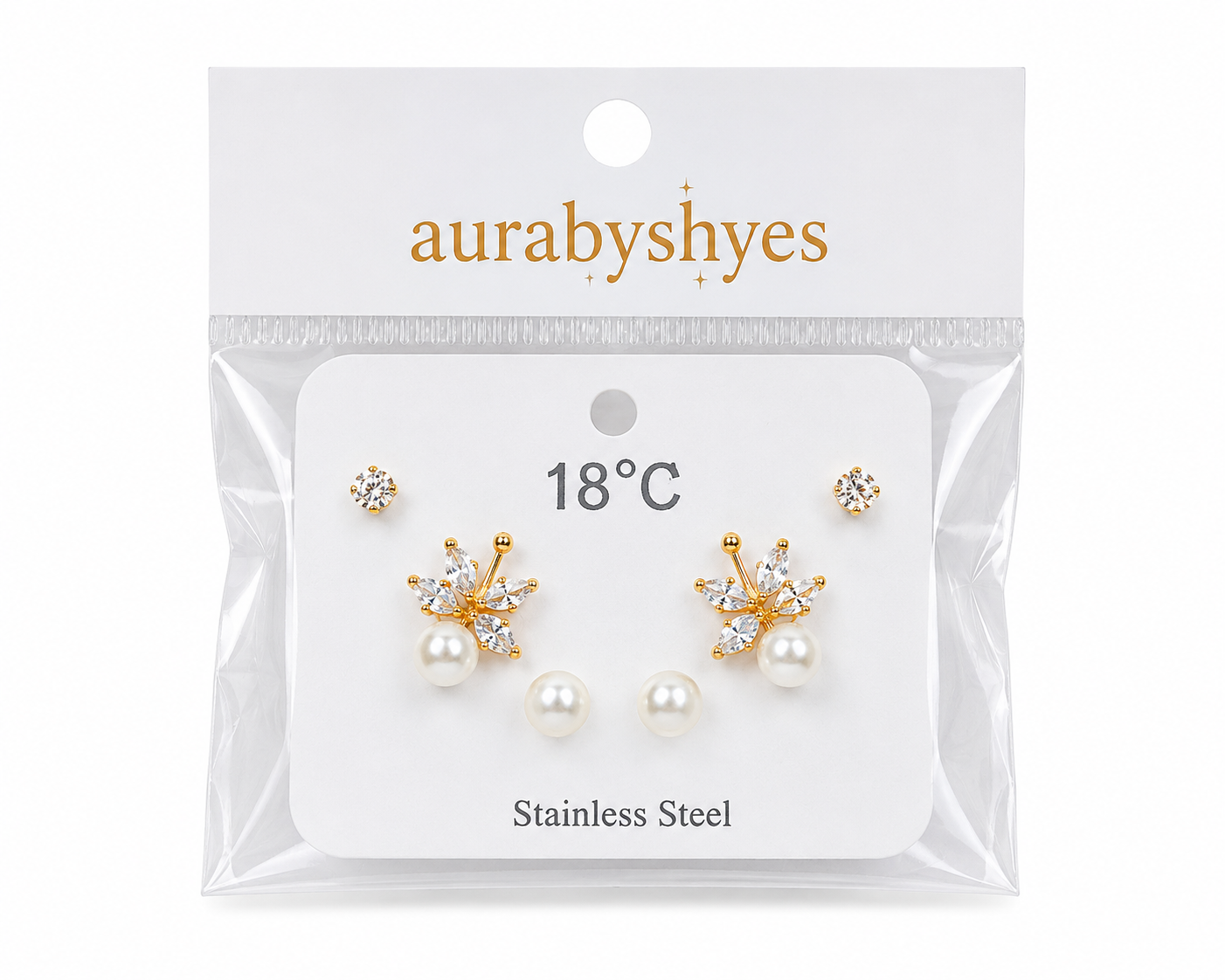Aurabyshyes Pearl & Crystal Leaf Stud Earrings Set for Women | Gold Plated Stainless Steel Korean Style Earrings