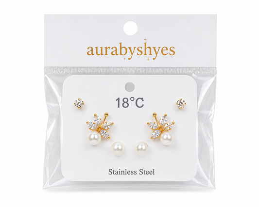 Aurabyshyes Pearl & Crystal Leaf Stud Earrings Set for Women | Gold Plated Stainless Steel Korean Style Earrings