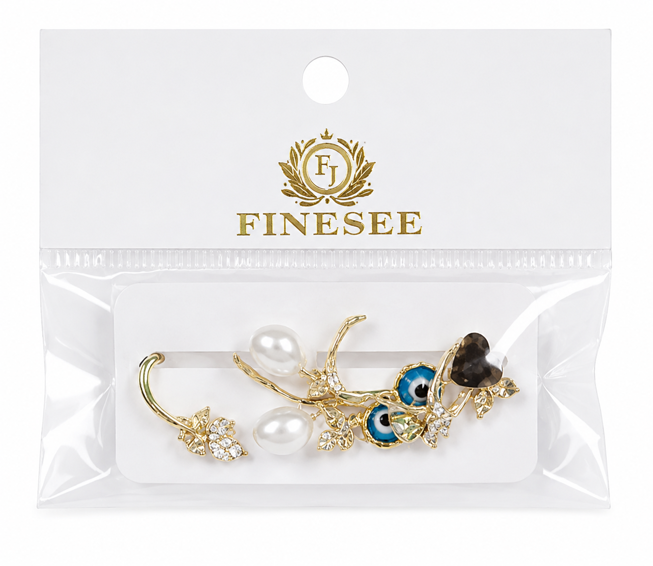 Evil Eye Pearl Ear Cuff Earrings for Women | Gold Plated Crystal Leaf Ear Climber Earrings