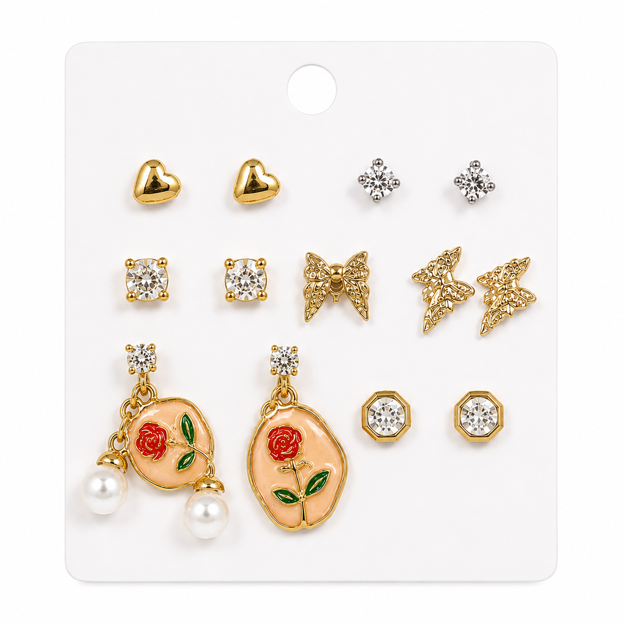 Butterfly & Rose Multi Stud Earrings Set for Women | Gold Plated Pearl Crystal Earrings Combo Pack