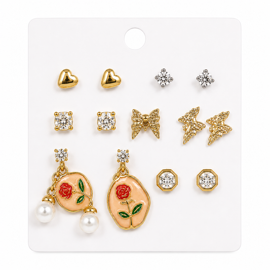 Butterfly & Rose Multi Stud Earrings Set for Women | Gold Plated Pearl Crystal Earrings Combo Pack