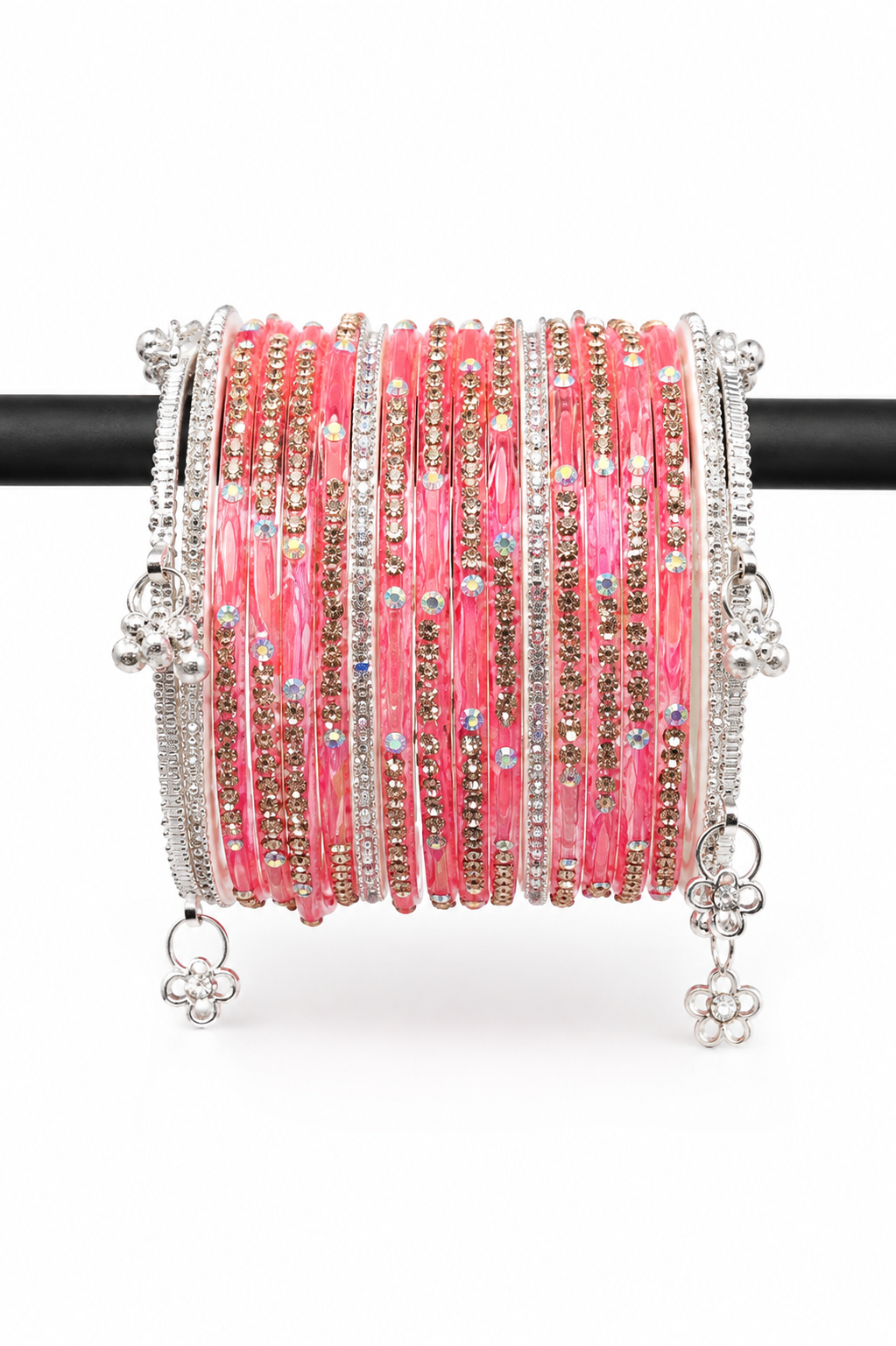 Stone Studded Fashion Bangle Set for Women | Pink, Green & Wine Color Bangles with Ghungroo Charms