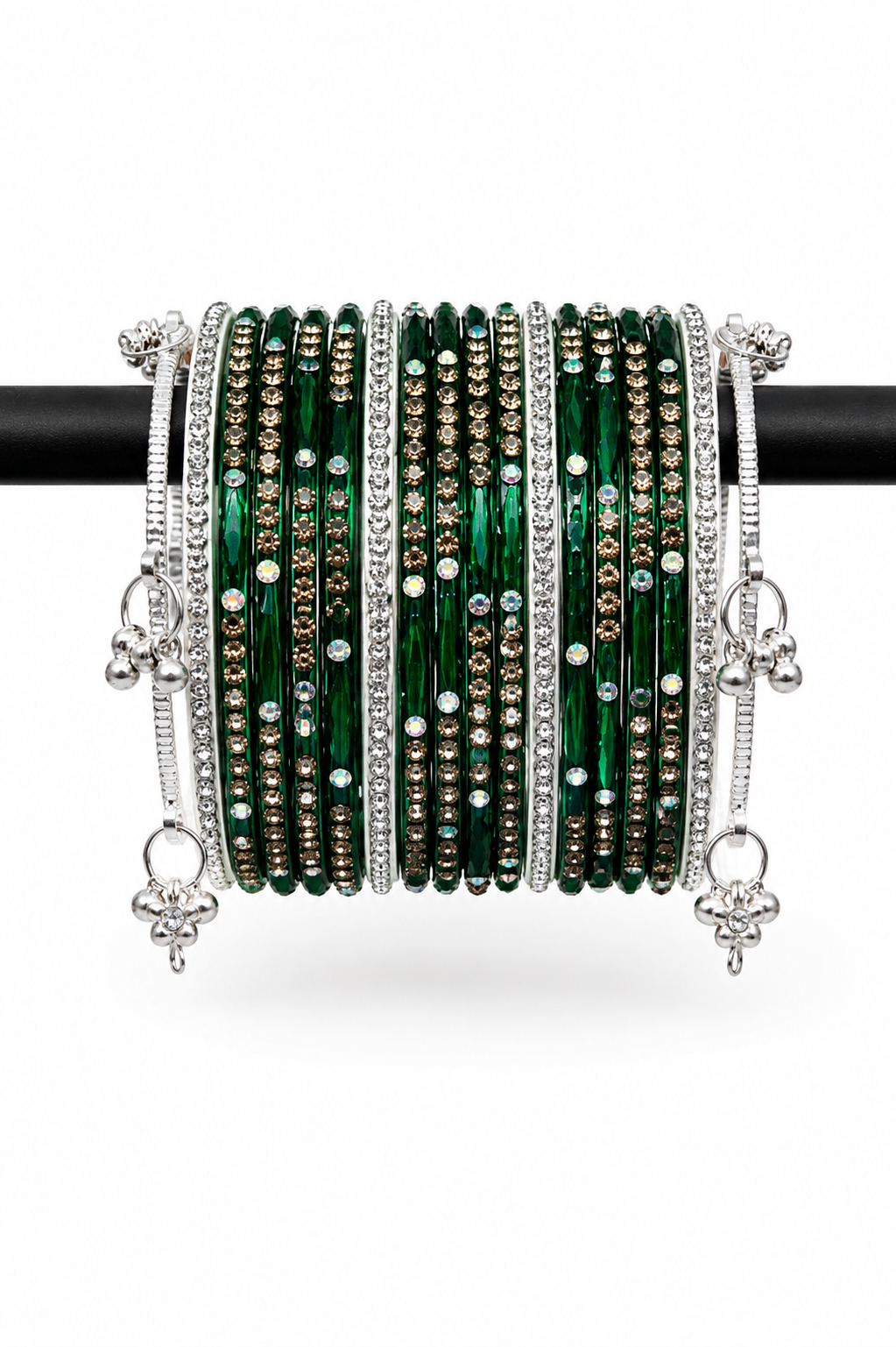 Stone Studded Fashion Bangle Set for Women | Pink, Green & Wine Color Bangles with Ghungroo Charms