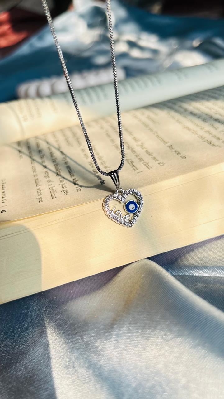 Silver Love Heart Evil Eye Pendant Necklace for Women