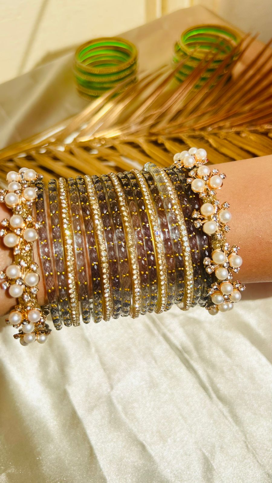 viral grey Pearl & Stone Designer Bangle Set for Women | Pack of 19 Ethnic Bangles