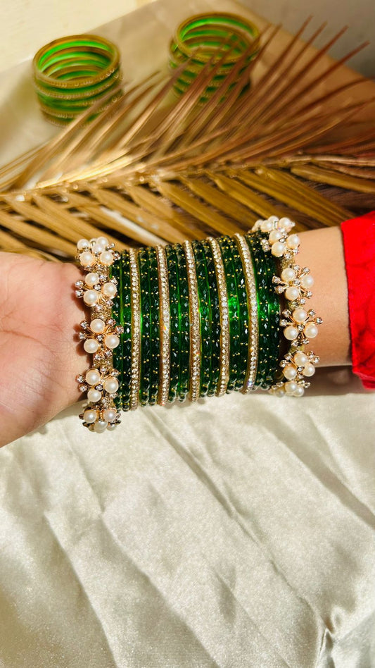 Green Pearl & Stone Decorative Bangle Set for Women | Pack of 19 Ethnic Bangles