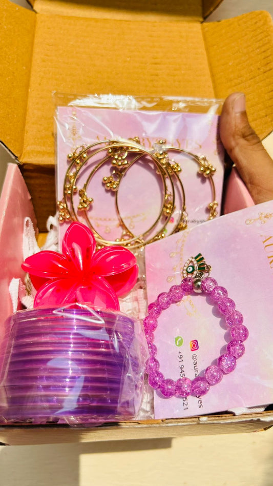 Purple Blossom Gift Box | 12 Glass Bangles, 4 Ghungroo Bangles, Bracelet & Hair Clip Set