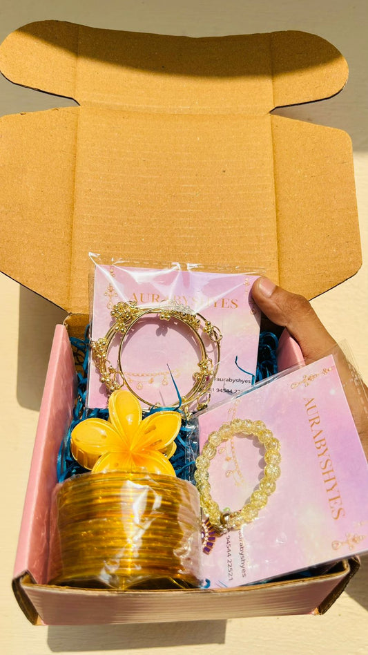 Women's Yellow Fashion Jewelry Gift Hamper Box | Bangles, Bracelet, Earrings & Hair Claw Combo Set | Ready-to-Gift Collection