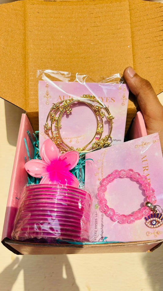 Pink Blossom Gift Box | 12 Glass Bangles, 4 Ghungroo Bangles, Bracelet & Hair Clip Set