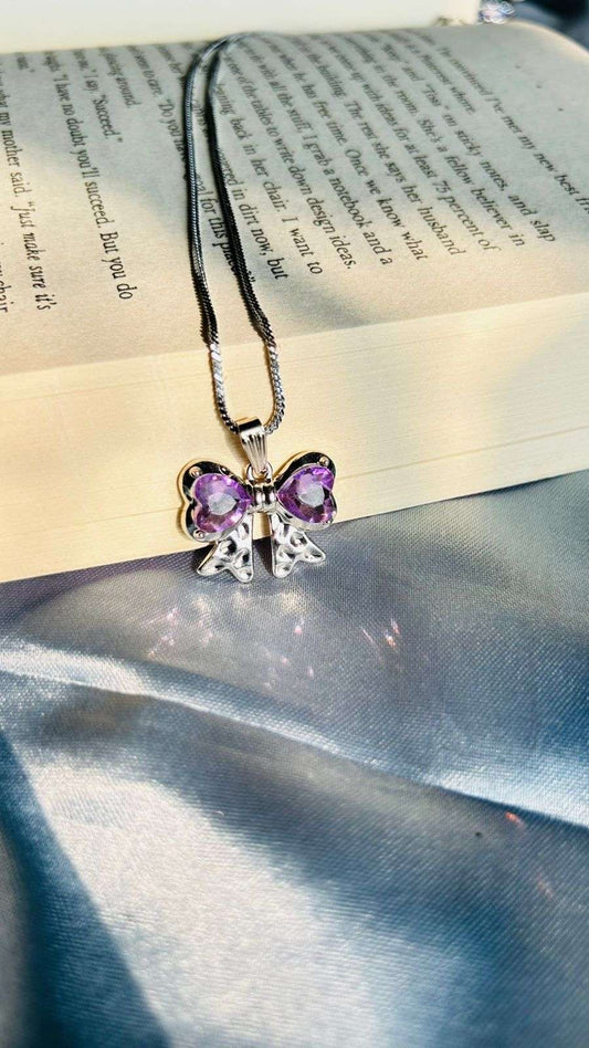 Purple Bow Crystal Pendant Necklace