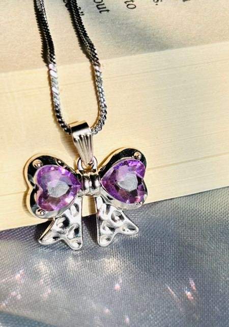 Purple Bow Crystal Pendant Necklace